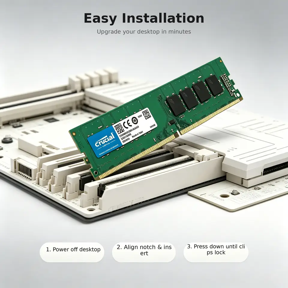 ذاكرة سطح مكتب Crucial DDR4 بسعة 4 جيجابايت/8 جيجابايت/16 جيجابايت، تردد 2400/2666/3200 ميجاهرتز، UDIMM غير مُصححة الأخطاء، 288 دبوس، 1.2 فولت، لوحة دوائر خضراء، متوافقة مع Intel و AMD - 6