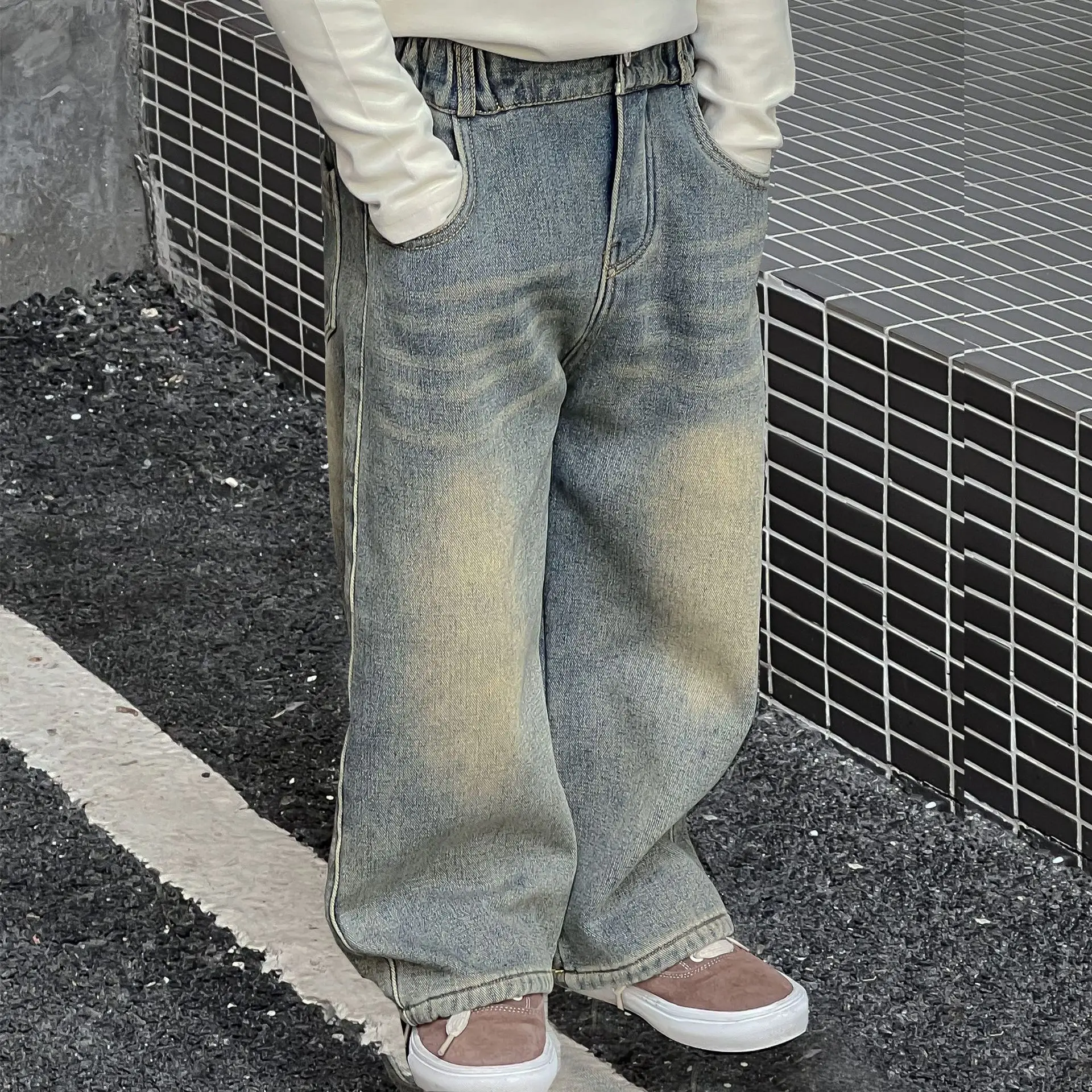 

Autumn Winter School Boys Padded Pants Retro Washed Old Copper Plush One Piece Velvet Blue Jeans Boys Wear Wide Leg Jeans