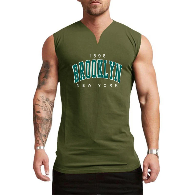 1898 Brooklyn New York Printed Gym Fitness Vests Cotton Breathable V-Neck Sleeveless Shirt Mens Bodybuilding Workout Tank Tops