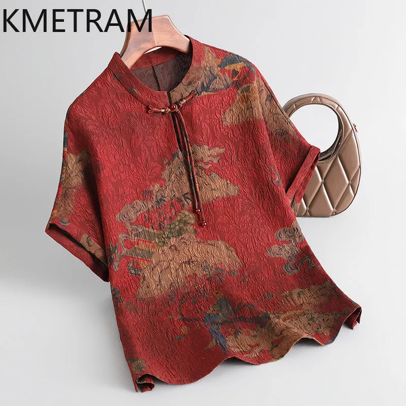 

KMETRAM 100% Real Mulberry Silk Tops Women 2026 Summer New Pleated Design Short-sleeved Floral Top Female Clothing Ropa De Mujer