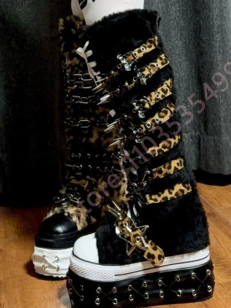 Leopard Print Fuzzy Knee High Platform Women Boots Metal Chain Spiked Straps Buckle Front Lace Up Punk Gothic Thick Sole Boots
