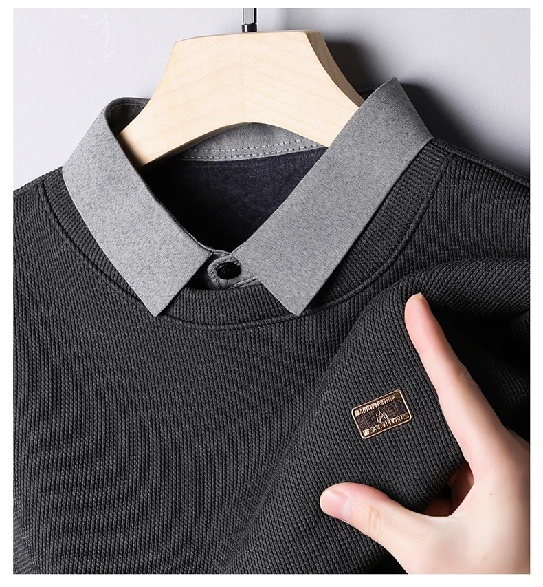 

2025 Новый поддельный свитер из двух предметов с воротником рубашки, мужской стиль, осенне-зимний толстый бархатный мужской вязаный базовый свитер с длинными рукавами