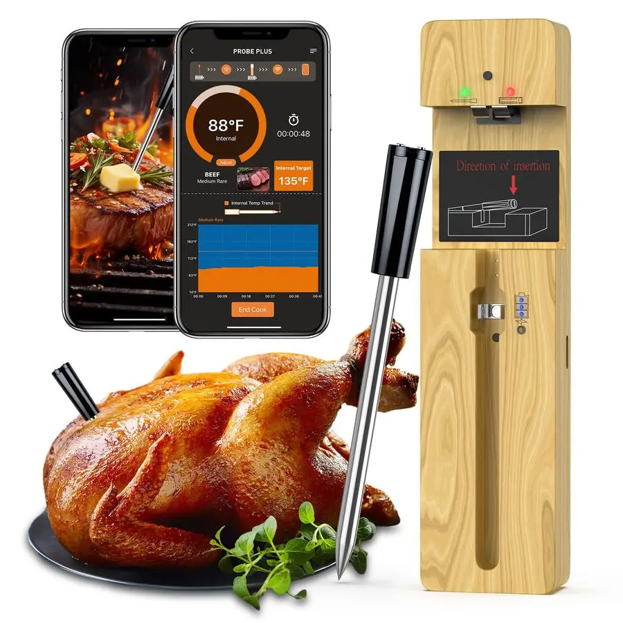 

Meat Thermometer Bluetooth with Ceramic Probe Waterproof Digital Oven Food Thermometer for Grill Fryer BBQ, 600Ft Range amp Smar