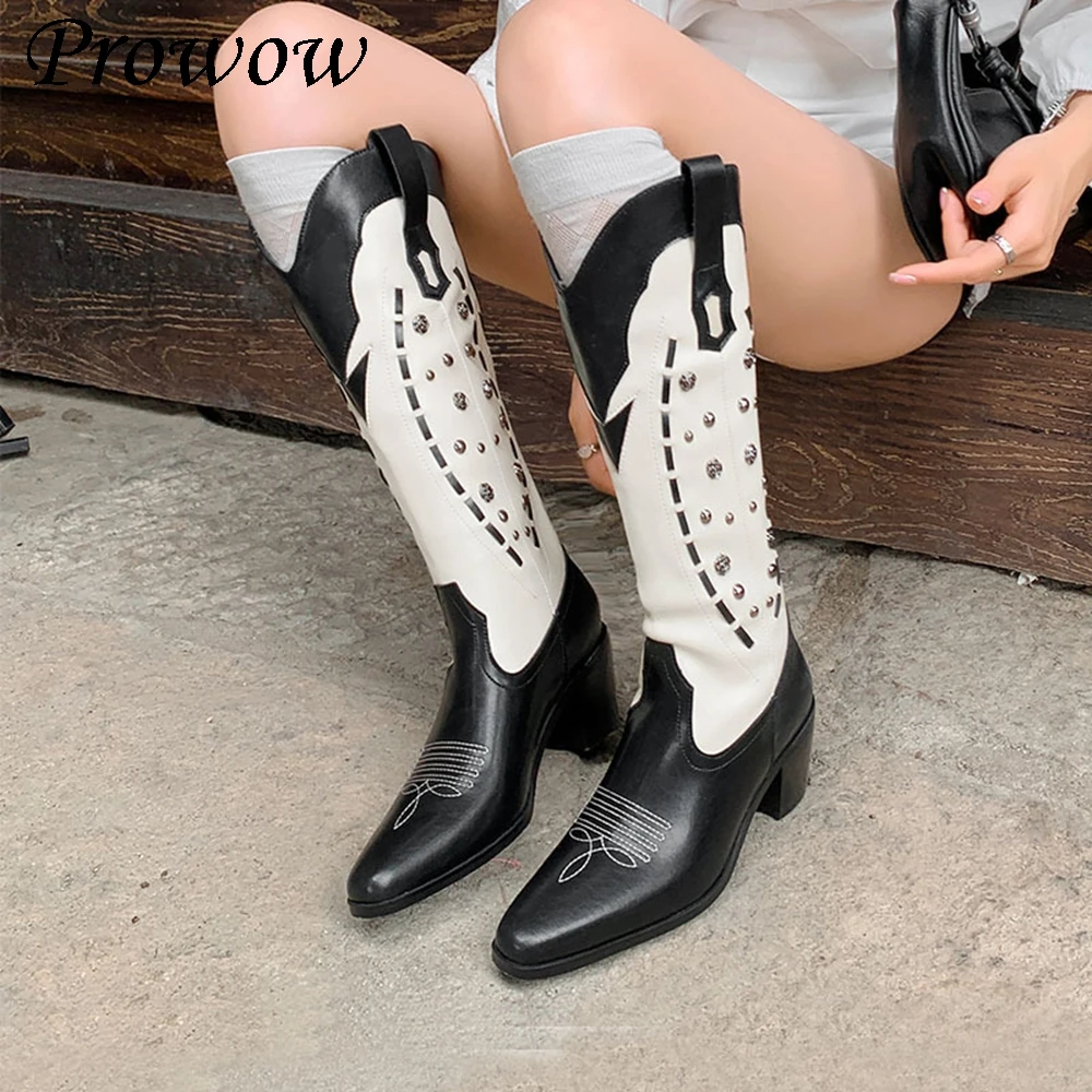 

Заклепки с цветными блоками, новая остроконечная вышивка, сапоги до колена из толстой воловьей кожи, женская обувь Zapatos Mujer