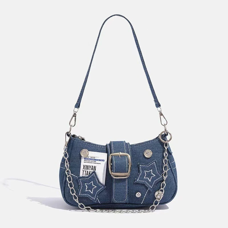 

2026 New Hot Sale Girls Star Denim Shoulder Bags Women Chic English Poster Handbag Lady Trend Metal Chain Designers Bags