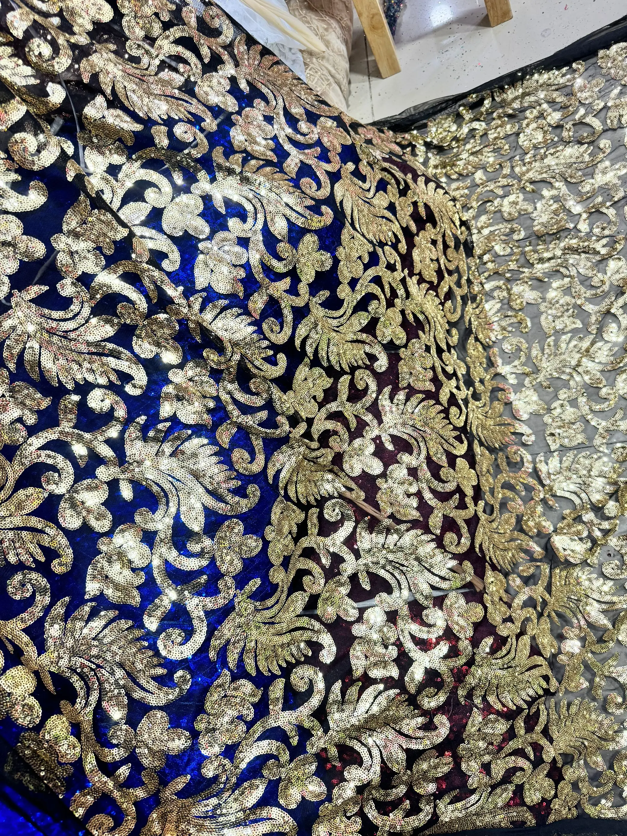 Shiny Black Mesh With Gold Sequin Embroidered Dress Fabric Bronze Design Cloth Accessories