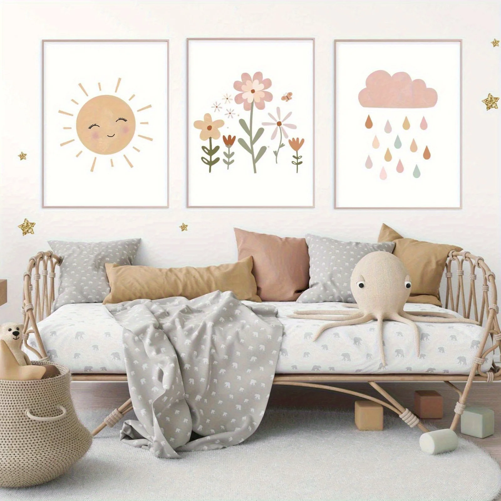 Ensemble d'art mural floral bohème 3 pièces-affiches en toile soleil, nuages et fleurs roses, décoration d'intérieur Boho sans cadre pour salon ou B
