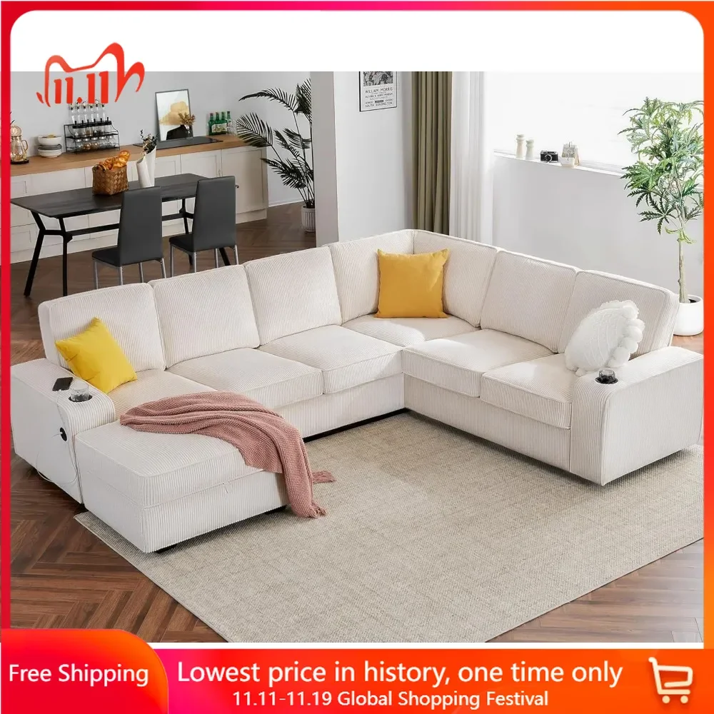 

Living Room Sofa, 7-Seater Sofas with USB Ports, Sectional Couch with Storage Chaise, U Shaped Living Room Sofa