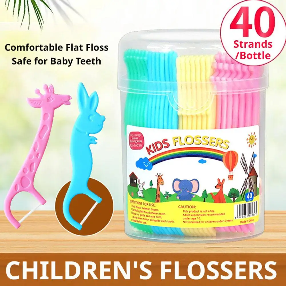 40Pcs Children's Dental Floss Four Cartoon Animal Shape Toothpicks Interdental Floss Clean Teeth Tool Super Thin Floss Stick