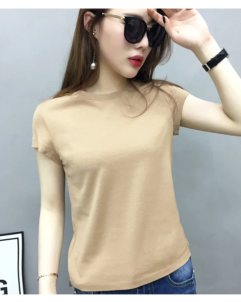 

European women's clothing in 2023 the new pure color T-shirt women cultivate one's morality cotton shirt with short sleeves
