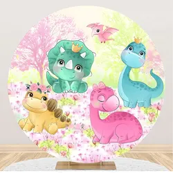 Cute Watercolor Dinosaurs Backdrop Photography Baby Shower Kids Birthday Round Pink Floral Background Party Banner Custom Name