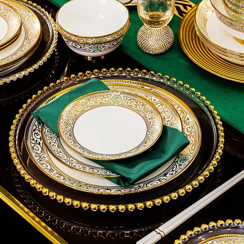 High-End Jingdezhen Export European Style Embossed Ceramic Tableware Disposable Bone China Rice Bowls Plates for Wholesale