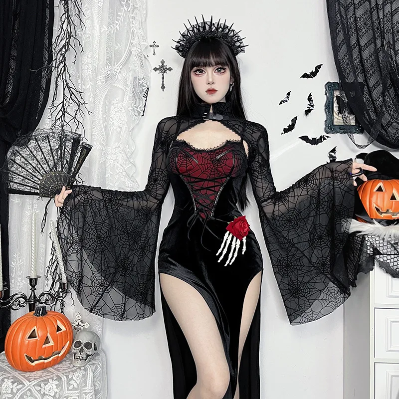 Vestido Gótico de loween com Fenda Alta em Veludo Transparente e Estampa de Teia de Aranha, com X, Top Micro-Leve Escur...