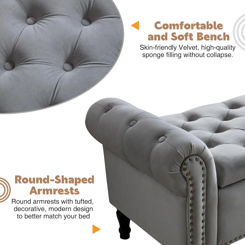 مقعد تخزين منجد بحجم كينج بأذرع، مسند معنقدة لنهاية غرفة النوم، أثاث غرفة نوم كبيرة مع مساحة تخزين