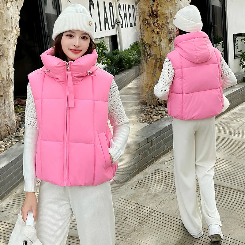 Women Parkas Vest Coats Solid Short Jacket Hooded Zipper Pocket Sleeveless Drawstring Loose Thick Office Lady Casual 2025 Winter