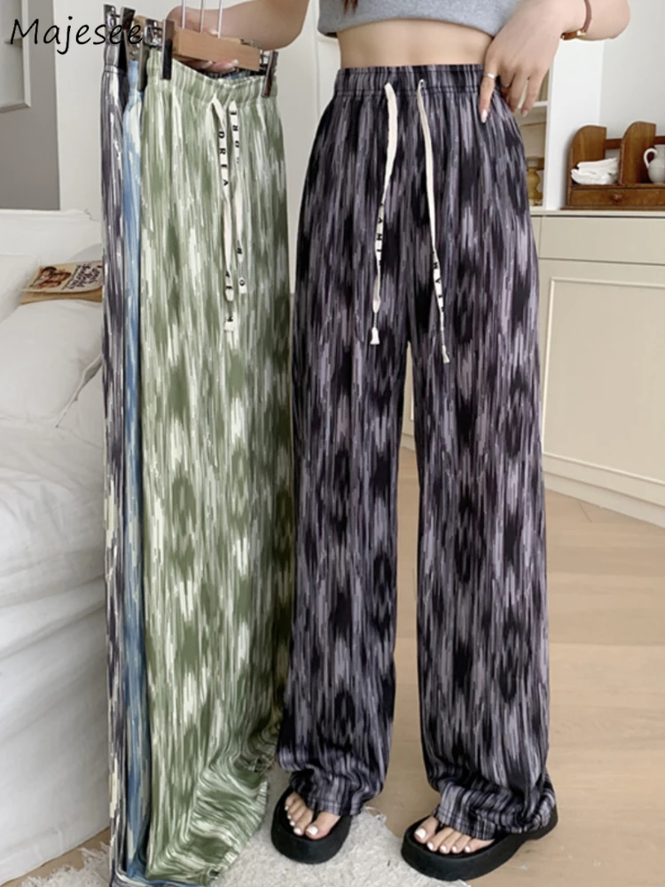 Straight-leg Pants Women Ink Tie-dye Korean Fashion All-match Cozy High Waist Ice-silk Floor-length Trousers Casual Thin Summer