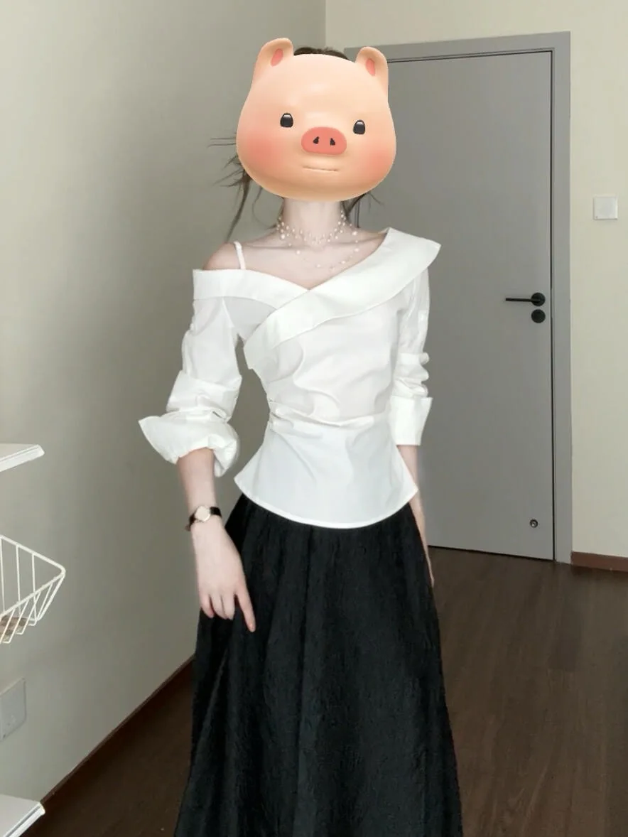 

Женский топ с одним открытым плечом и длинным рукавом, весенний дизайн, с эффектом утяжки на талии, во французском стиле, из полиэстера, с V-образным вырезом