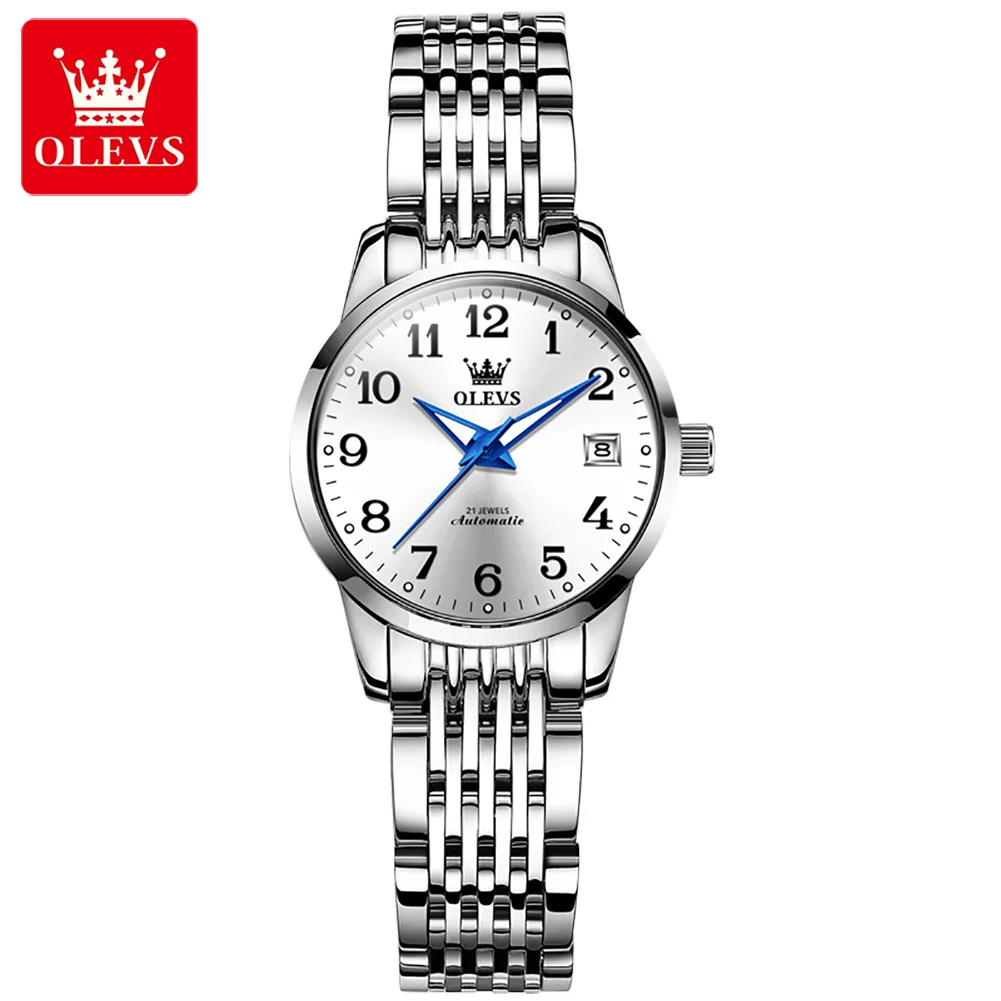 OLEVS Brands Simple Women Mechanical Watch Luxury Stainless Steel Waterproof Luminous Calendar Automatic Watch for Women Gift