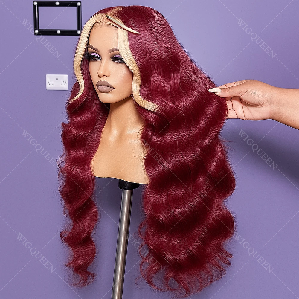 

613/99j Red Blonde Highlight Body Wave Wig 200% Density Burgundy Highlight 13X4 Lace Front Balayage Wigs Human Hair for Women