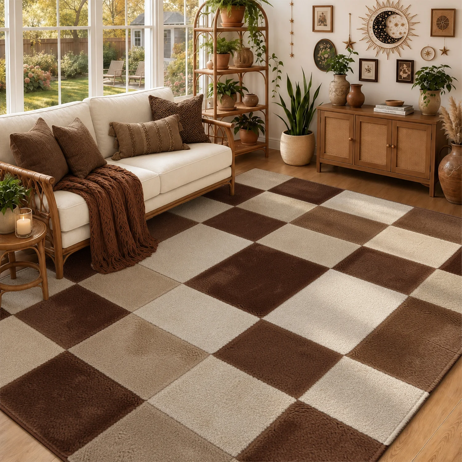 Checkered Brown Beige Velvet Area Rug, Soft Plush Machine Washable Rug for Living Room, Bedroom, Entryway and Hallway, Ideal for Halloween, Thanksgiving, Black Friday, Cyber Monday, Christmas & New Year Home Decor