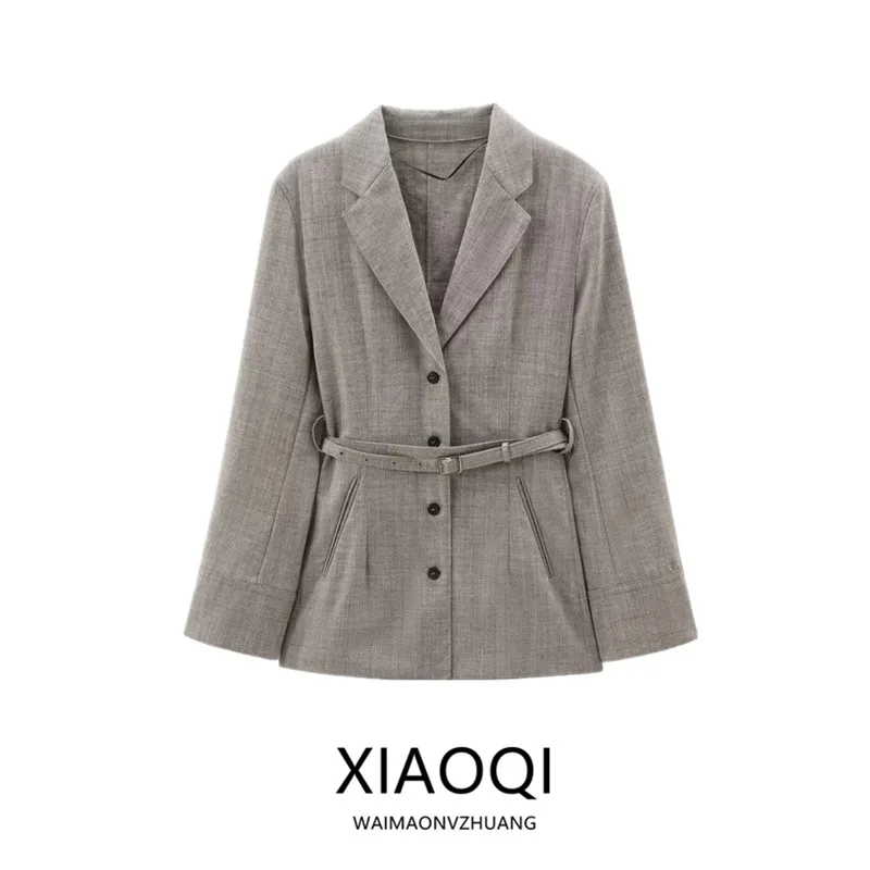 

Новый женский шерстяной костюм-пиджак с поясом на осень 2024 года: универсальная верхняя одежда с длинными рукавами, стандартной длины, модная