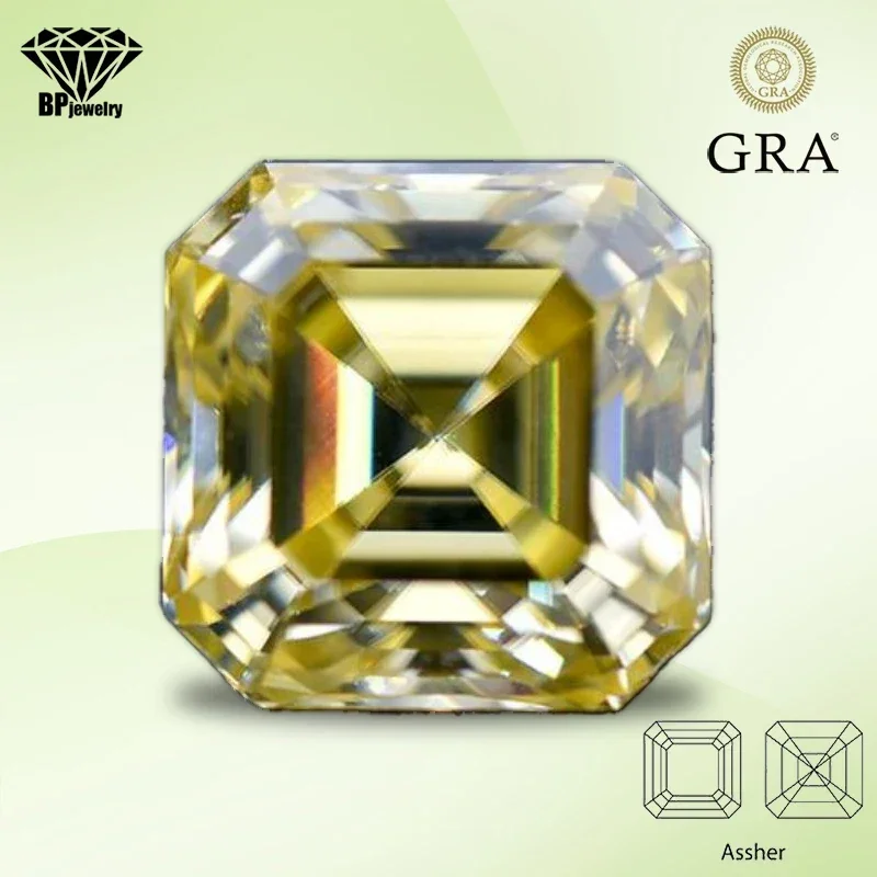 Moissanite Loose Stone Lemon Yellow Color Asscher Cut Lab Created Heat Diamond for DIY Women Jewelry Making with GRA Certificate