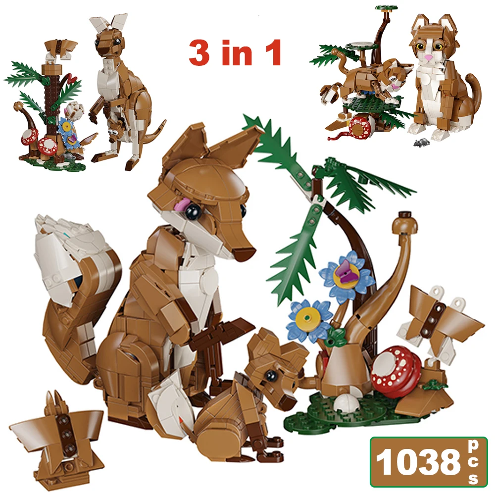 

1038PCS 3 in 1 Animal Building Blocks MOC DKitten Kangaroo Fox Model Splicing Assembly Brick Forest Scene Educational Toys Gifts