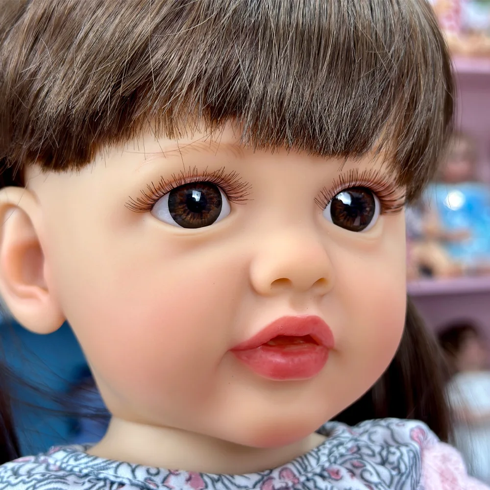 Muñeca Reborn Girl de vinilo de 22", edición coleccionable, expresión linda, cola de caballo larga y recta negra, vestido de princesa floral, poseable