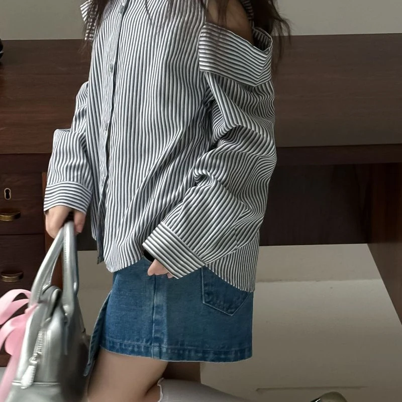 Girls' Shirt 2024 Autumn Korean Style Strapless Long Sleeve Stripes Top Culottes Trendy Simple All-Matching