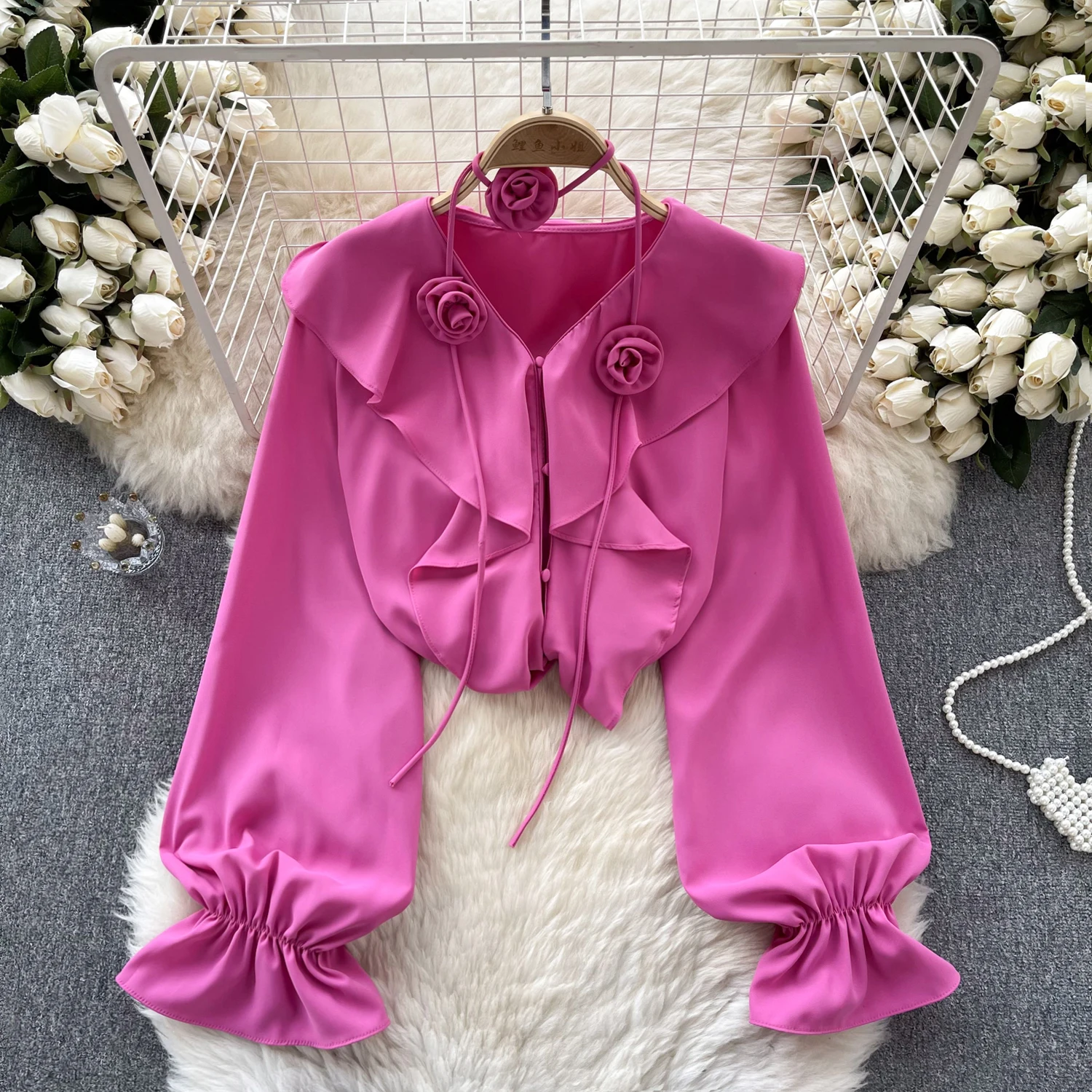 Chic Elegant Three-dimensional Floral Ruffle V Neck Puff Sleeve Top Vintage Fairy Crop Top Autumn Women Clothing