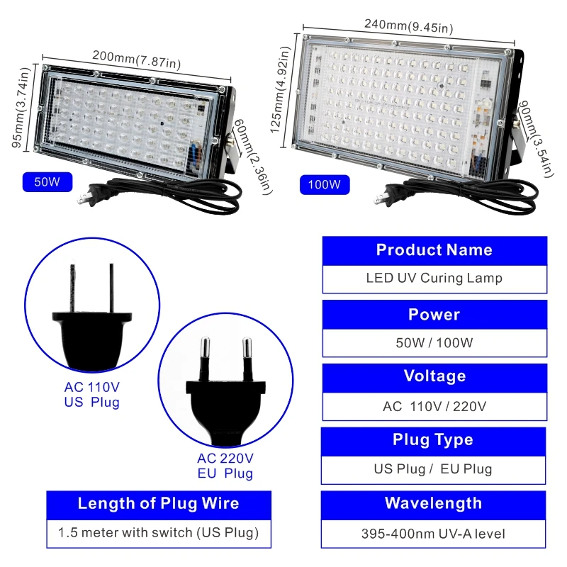 Projecteur Led Fluorescent UV 110V 220V 50W 100W, lampe de fête 395nm 400nm IP65, étanche, Ultraviolet, lampe de scène avec prise US/EU