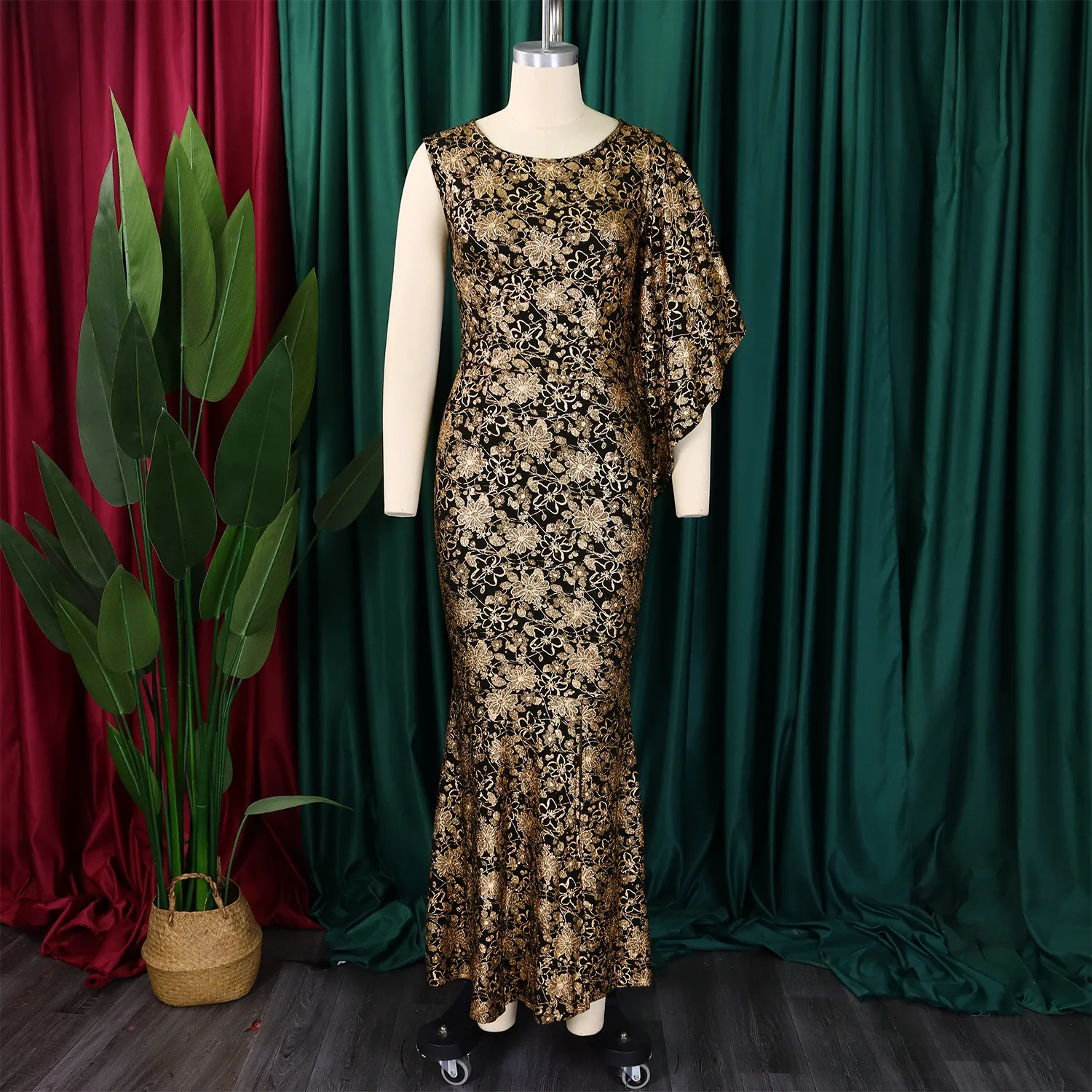 

ATR-D526#Women Fashion Slimming Sexy Banquet Dress Long Skirt One Shoulder Ironed Gold Party Prom Evening Dress Wholesale Retail