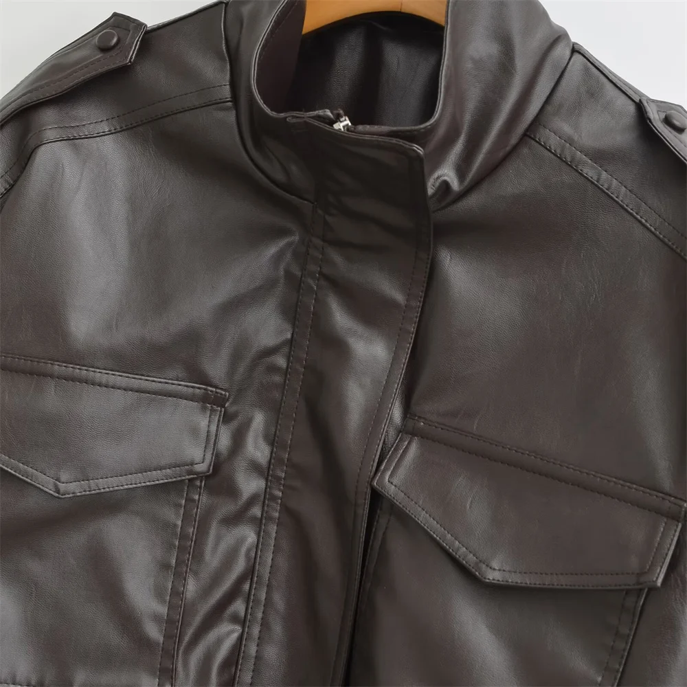 Outono novo estilo casual feminino moda PU imitação de couro gola manga comprida jaqueta de couro slim fit jaqueta curta