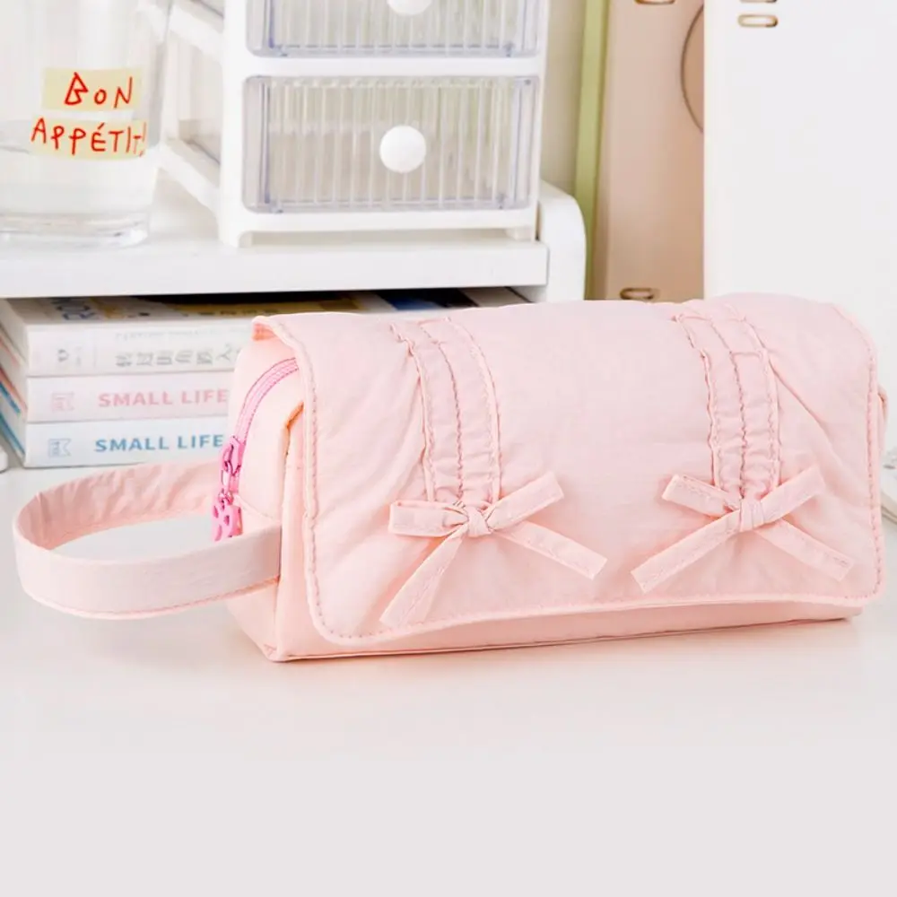 Portable Sweet Pencil Case Three Layers Bow Pencil Pouch Canvas Large Capacity Stationery Storage Bag School