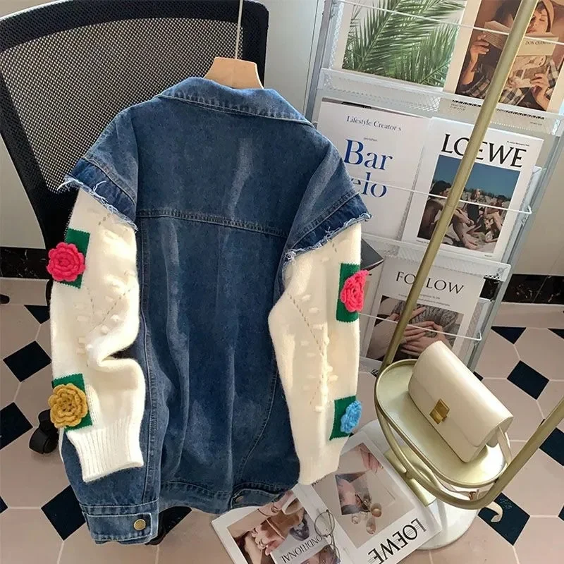 Fat MM Denim Stitching Three-dimensional Flower Sweater Female 2023 Spring Autumn New Loose Lazy Cardigan Female Coat Commute