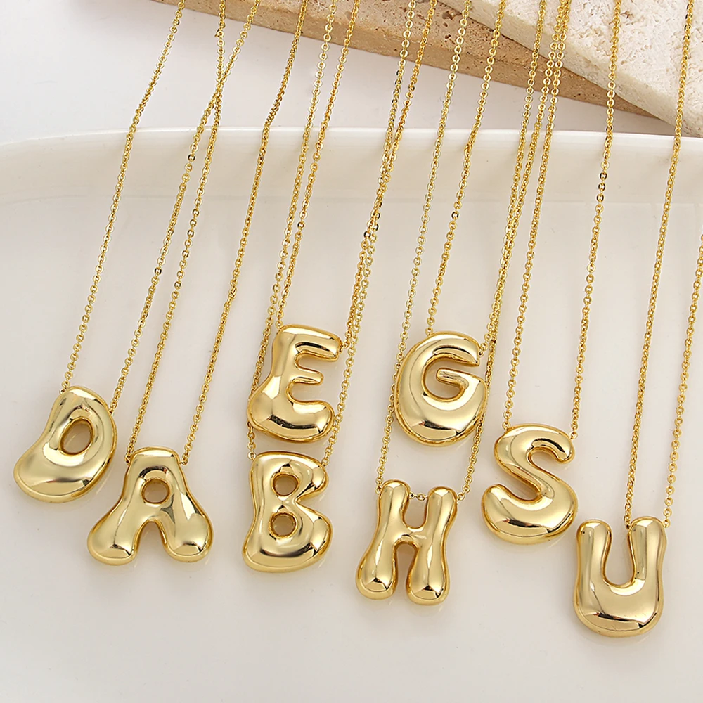 AENSOA Gold Plated Chunky Balloon Bubble Alphabet Initial Letter Pendant Choker Necklaces for Women Custom Personalized Jewelry