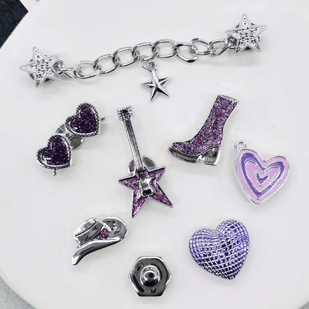 8/11PCS Punk Rock Music ABS Shoe Charms Retro DIY Chains Decoration Funny Clogs Shoe Buckle Accessories Silvery Crown Shoe Clips