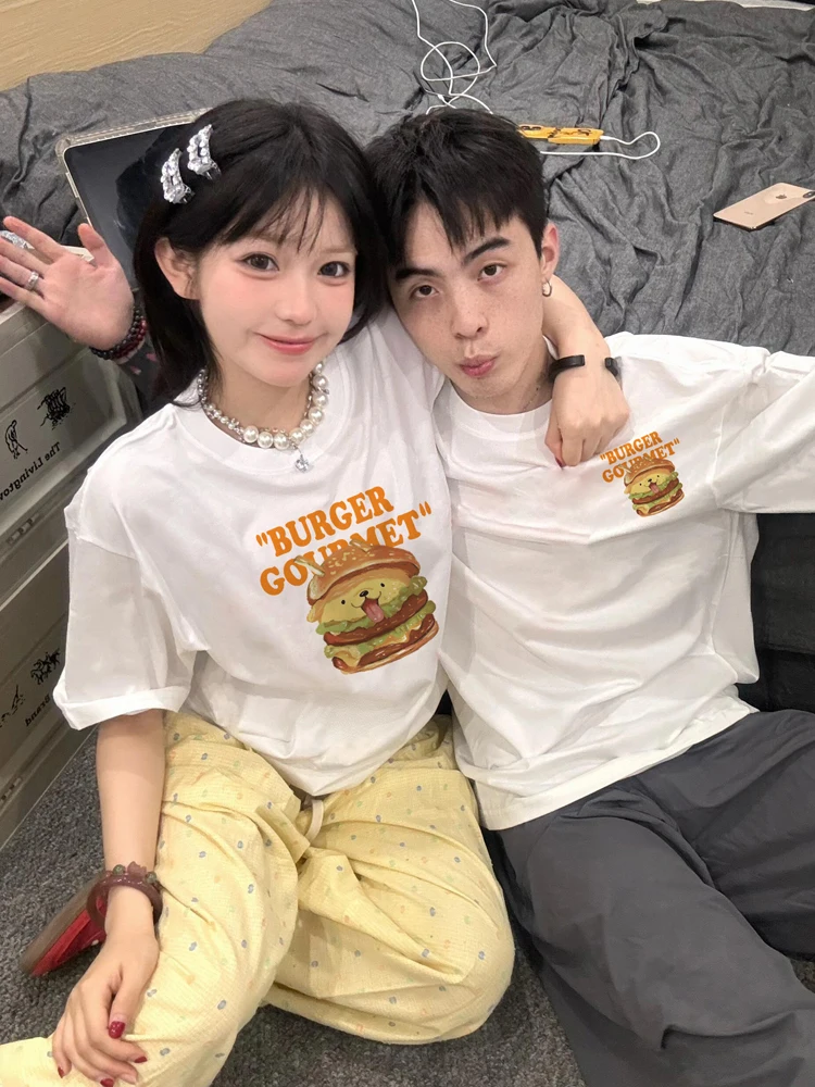 Burger Puppy Pattern Couple 2024 New High-quality Cotton Short-sleeved Summer Loose Casual T-shirt