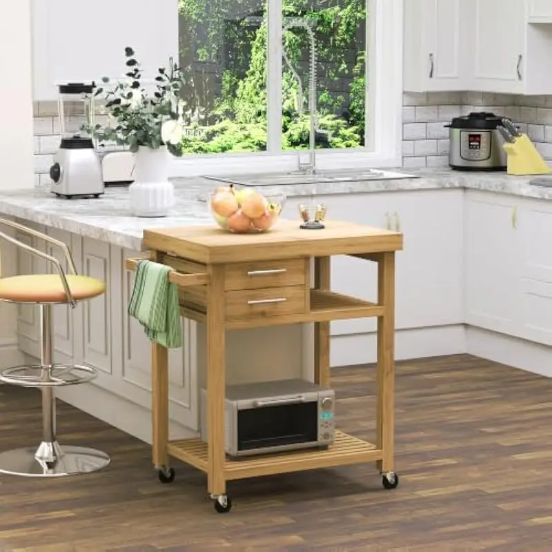 Bamboo Mobile Kitchen Cart with Dual Drawers Shelf Towel Rack and Liquid-Grooved Countertop 33.25 W x 21.5 D x 36.5 H Inches Fou