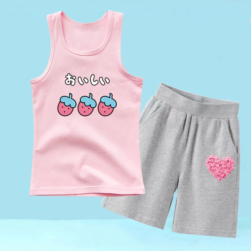 3-14Y Summer Lovely Kids Girls Clothes Set 2pcs Fruit strawberry/Avocado Sleeveless Print Tank Top and Shorts Outfits Beach Wear