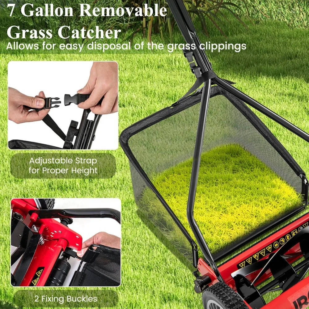 Kabelloser manueller 14-Zoll-Rasenmäher mit 5 Klingen und 7-Gallonen-Beutel, verstellbarer begehbarer Grasschneider für eine effiziente Gartenwartung