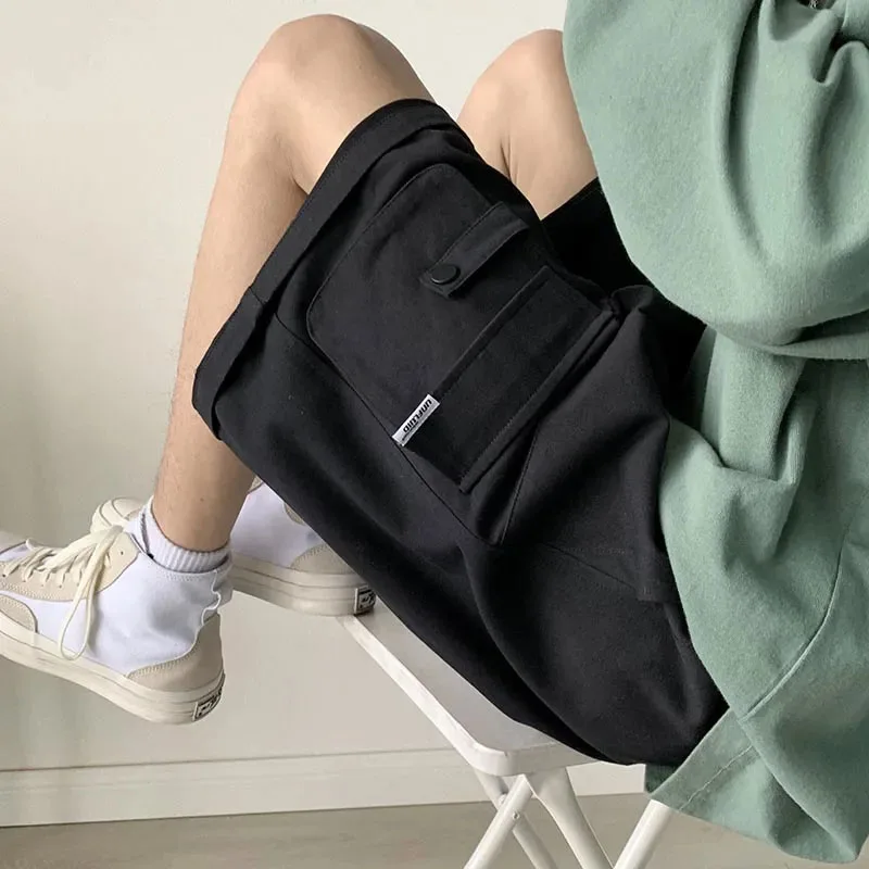 Y2K Cargo Shorts Women Summer High Waist Loose Streetwear Wide Leg Shorts Bf Korean Big Pockets Preppy Jogging Knee-Length Pants