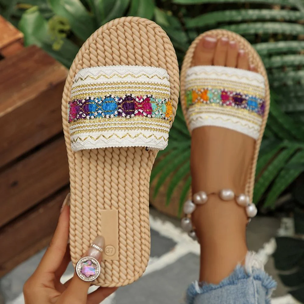 

Womens Ethnic Embroidery Flat Slide Sandals Bohemian Straw Weave Summer Slippers Casual Beach Daily Ladies Walking Shoes