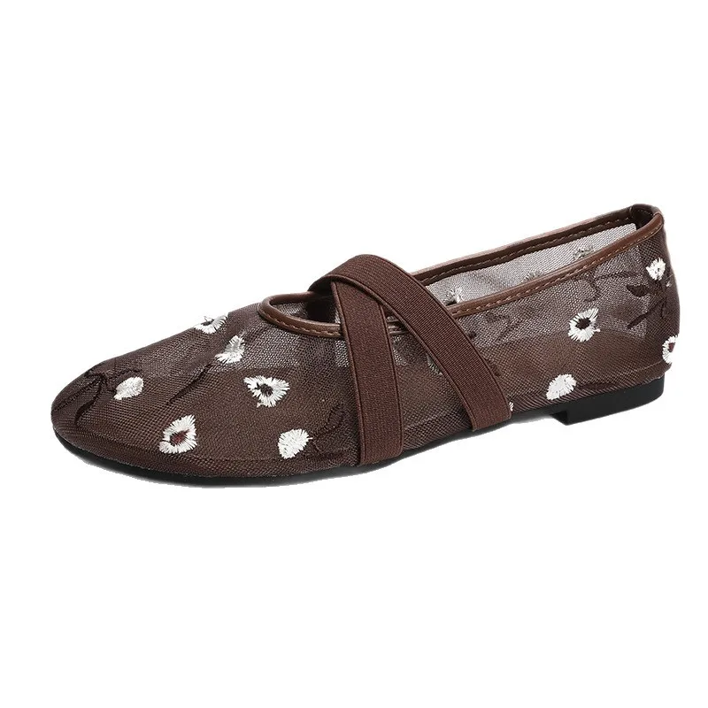 

2025 Embroidered Floral Mesh Ballet Flats Women's Fashion Round Toe Summer Flat Sandals Elegant Elastic Upper Mary Jane Shoes