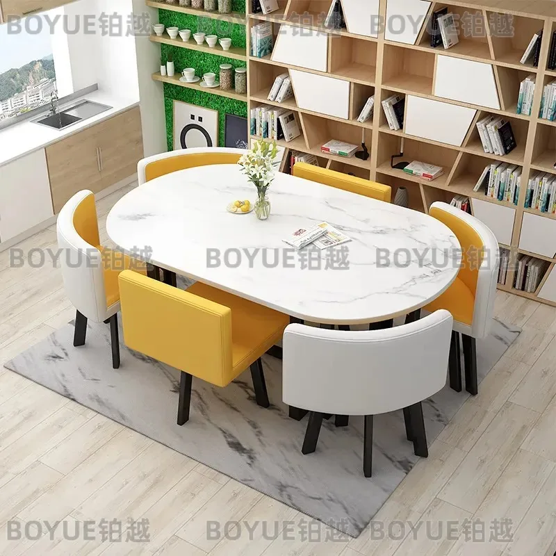 Rectangular Office Meeting Table and Chair Set for Reception Negotiation Training Rest Area Dining Room Family Use Six Person