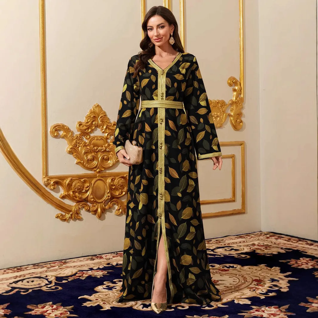 

Дубай Абая женская арабская женская одежда модное платье с v-образным вырезом и длинными рукавами с принтом Рамадан Дубай роскошное исламское элегантное платье