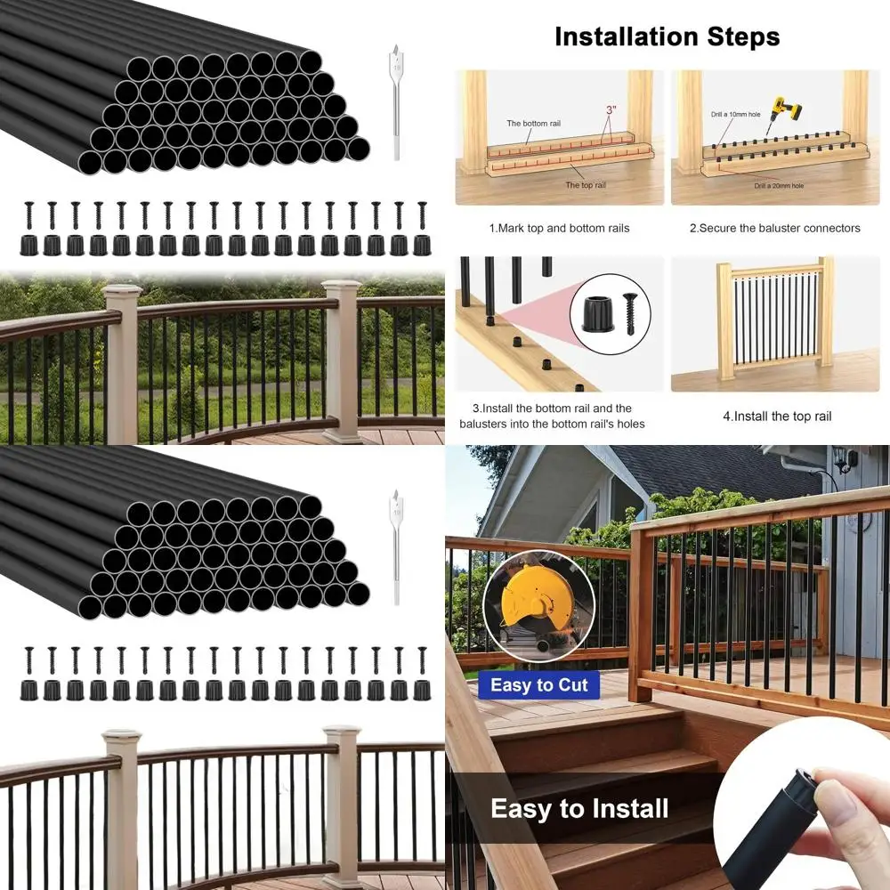 36 Black Hollow Aluminum Deck Balusters, 60-Pack with Connectors and Screws for Railing Support