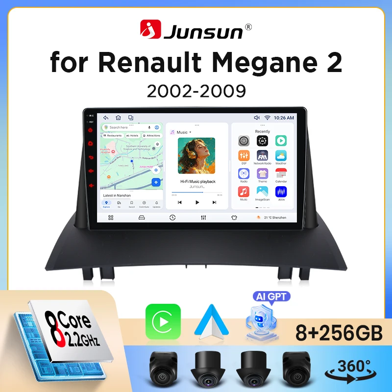 Autoradio sans fil Junsun CarPlay Android Auto pour Renault Megane 2 2002-2009, ventilateur de refroidissement intégré, navigation GPS Android, lecteur multimédia, WiFi, DSP, RDS, BT, SWC, écran