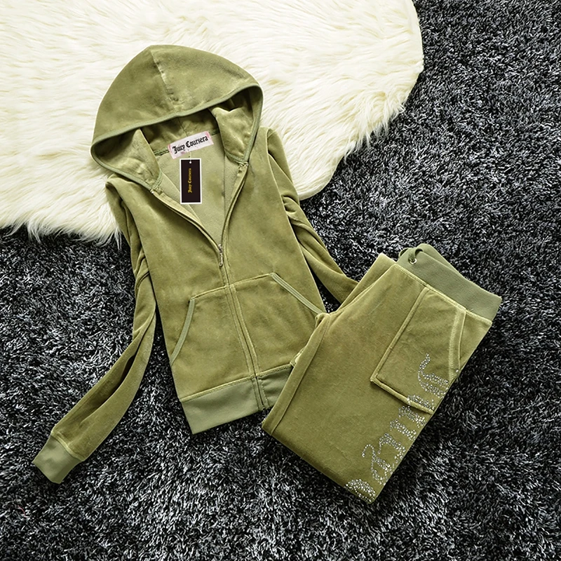 JUICY Tracksuit Velvet New 2024 Fall Winter Casual Rhinestone Hooded Jacket Y2K Women's Velours Short Sets