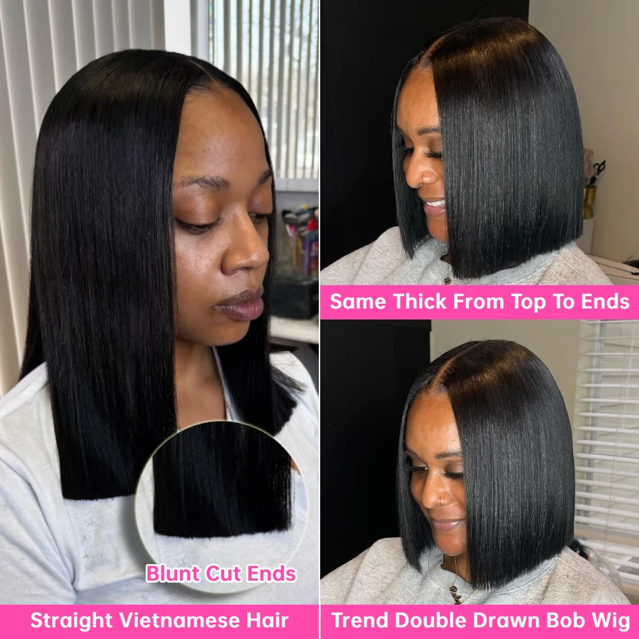 Raw Vietnamese SDD Blunt Cut Bone Straight Short Bob Wig 13x4 Lace Front Human Hair Wigs Transparent Lace Frontal Wig SDD Double Drawn Pre Plucked Silky Straight 1B Natural Colored 100% Human Hair Lac image 2